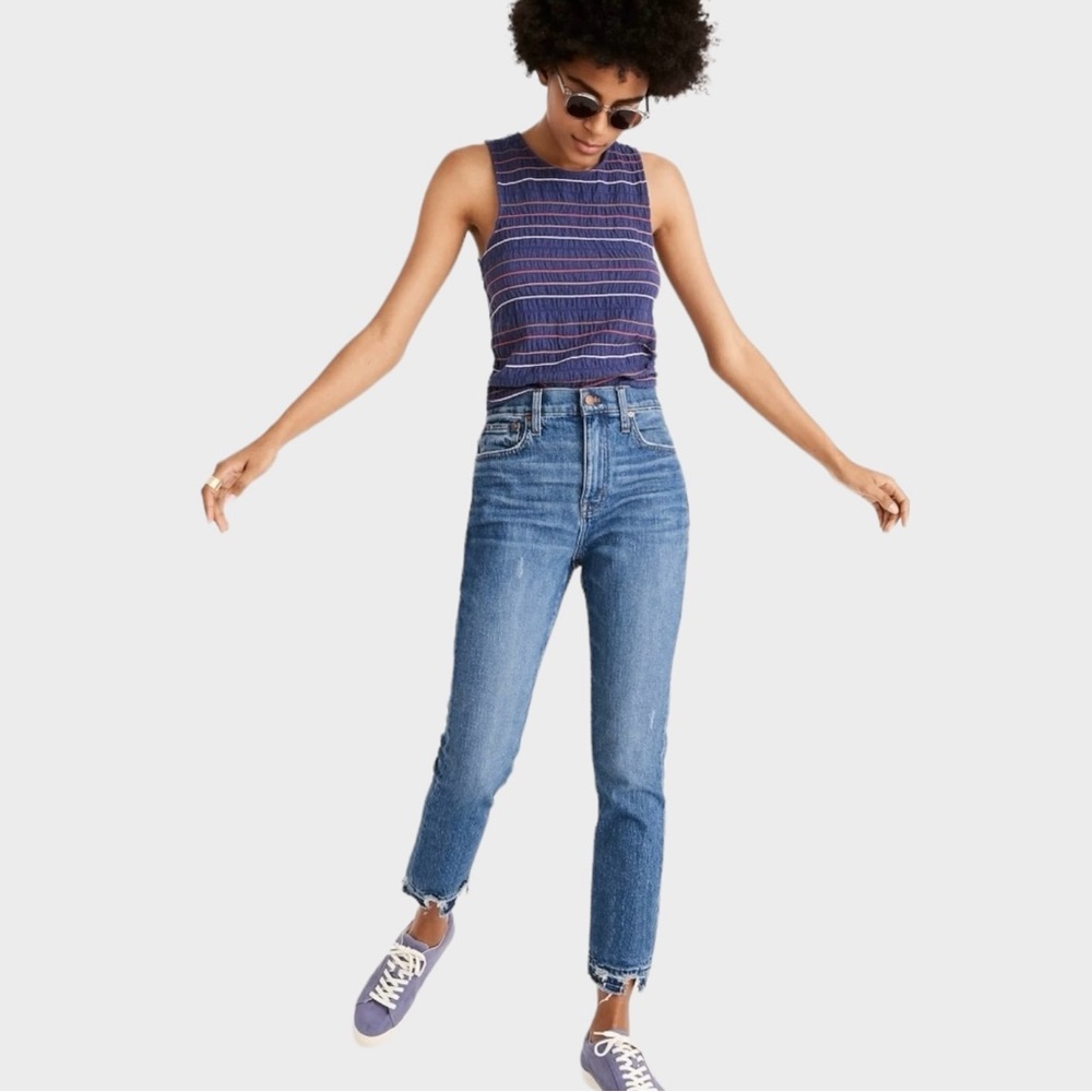 Madewell High-Rise Slim Boyjean Melbourne Wash Distressed Raw Hem Medium Blue 24